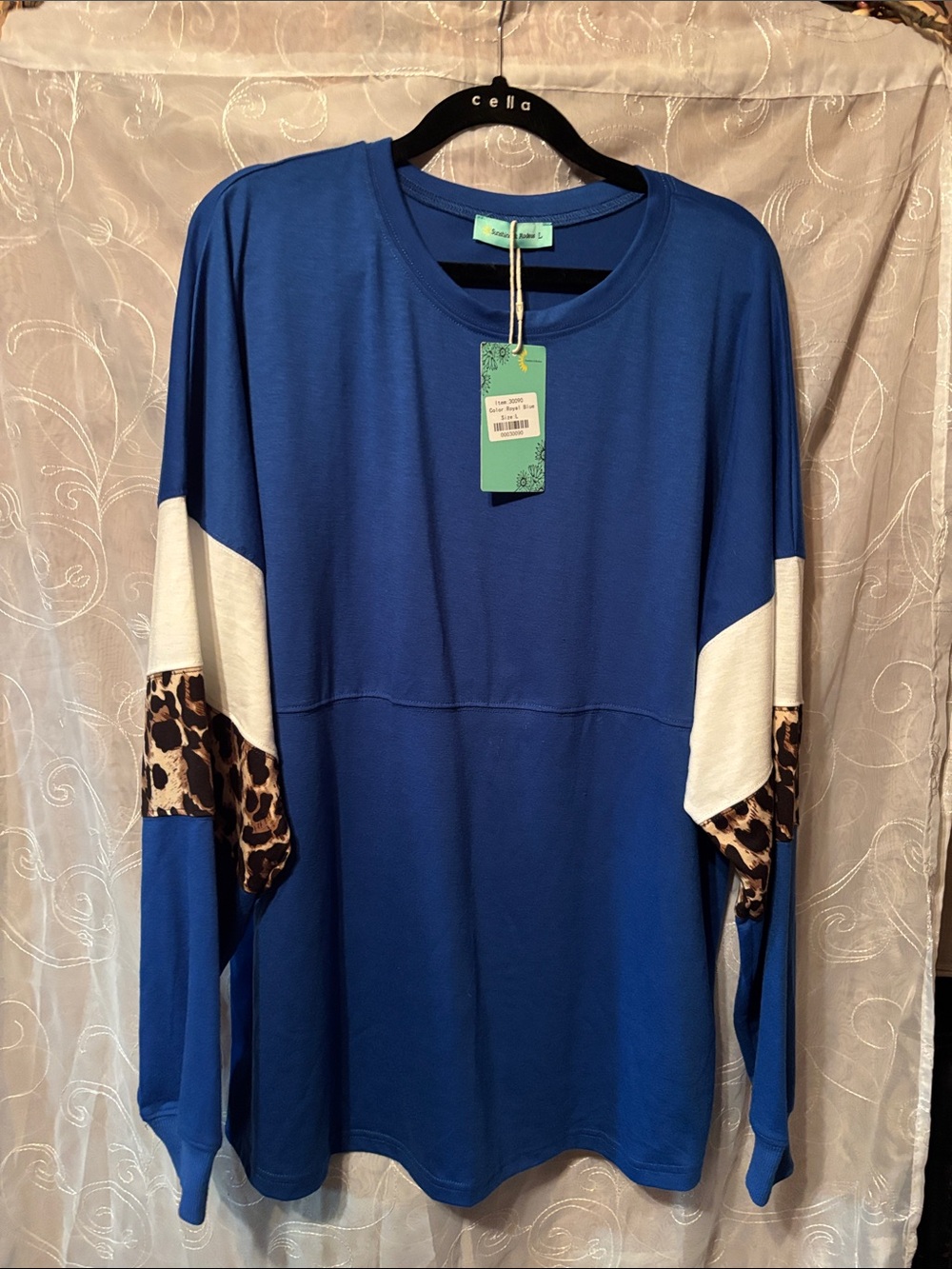 Royal Blue Long Sleeve Tee with White and Leopard Accent